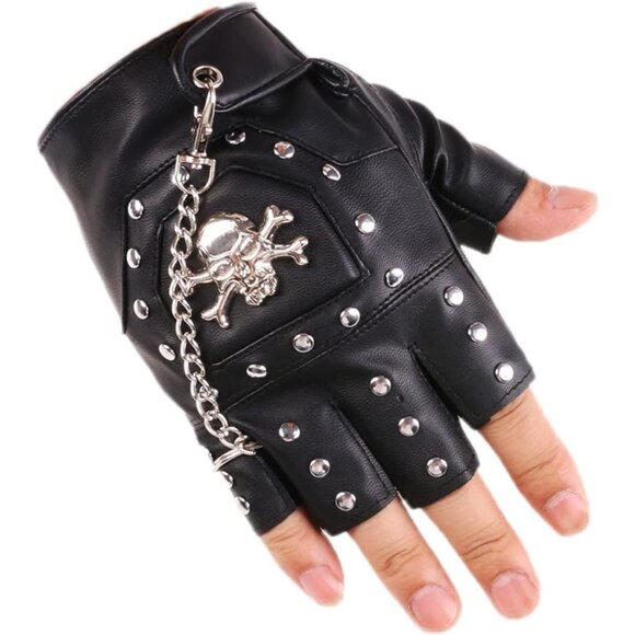 Men Black Half Finger Punk Rivets with Metal Chain Motorcycles PU Leather Gloves - Picture 3 of 7